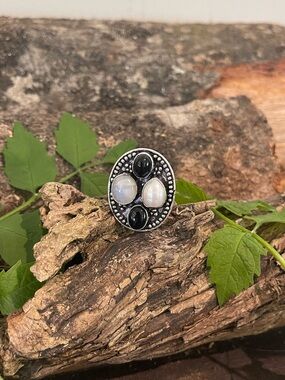 Black Onyx Rainbow Moonstone 925 Sterling Silver Ring